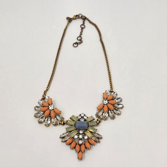 J Crew Orange Green Clear Rhinestone Cluster Statement Necklace Gold Tone - Picture 3 of 6